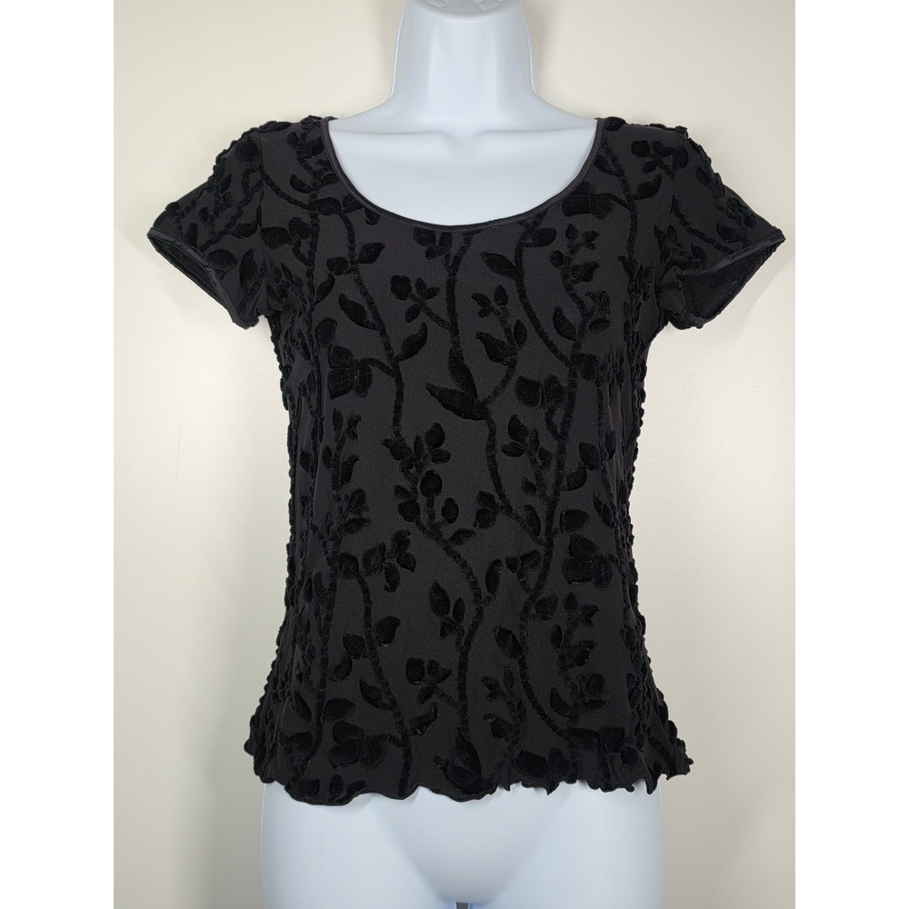 Armani Collezioni Black Devore Velvet Floral Scoop Neck Top Size 8 Italy